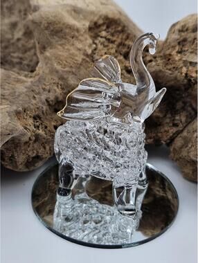 Spun Glass Elephant Figurine w/ Gold Accents on Mirror Base